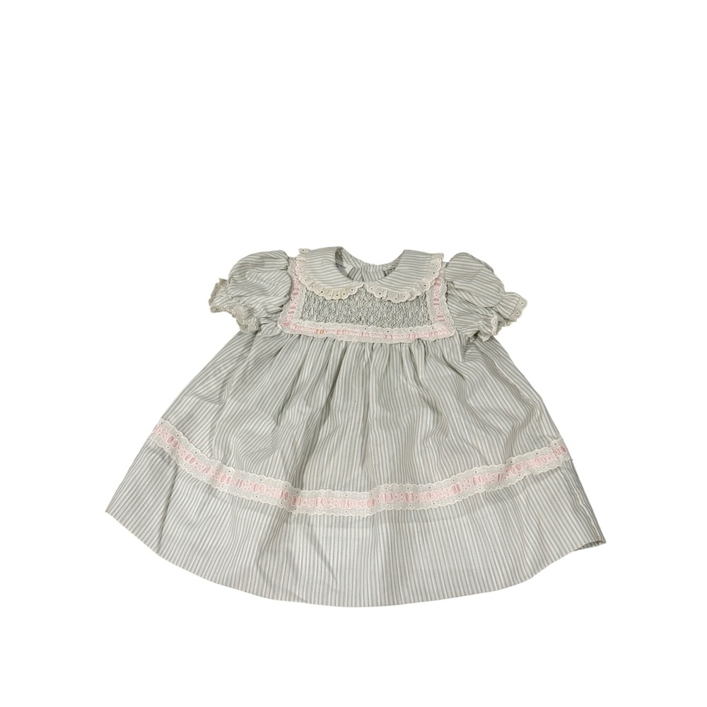 Polly Flinders Vintage Girls Hand Smocked Dress Grey Stripe Lace 24 Months